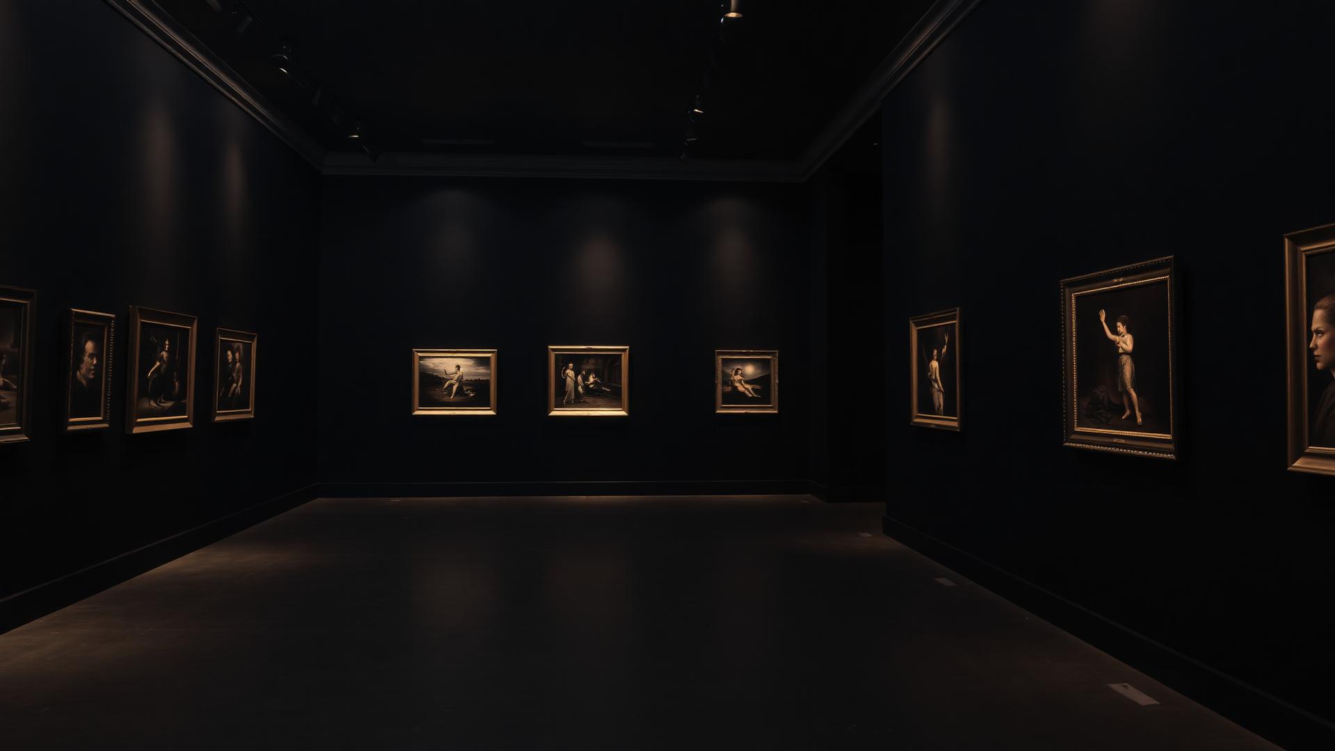 Interior of Adumaadan Art Gallery with spotlit framed works